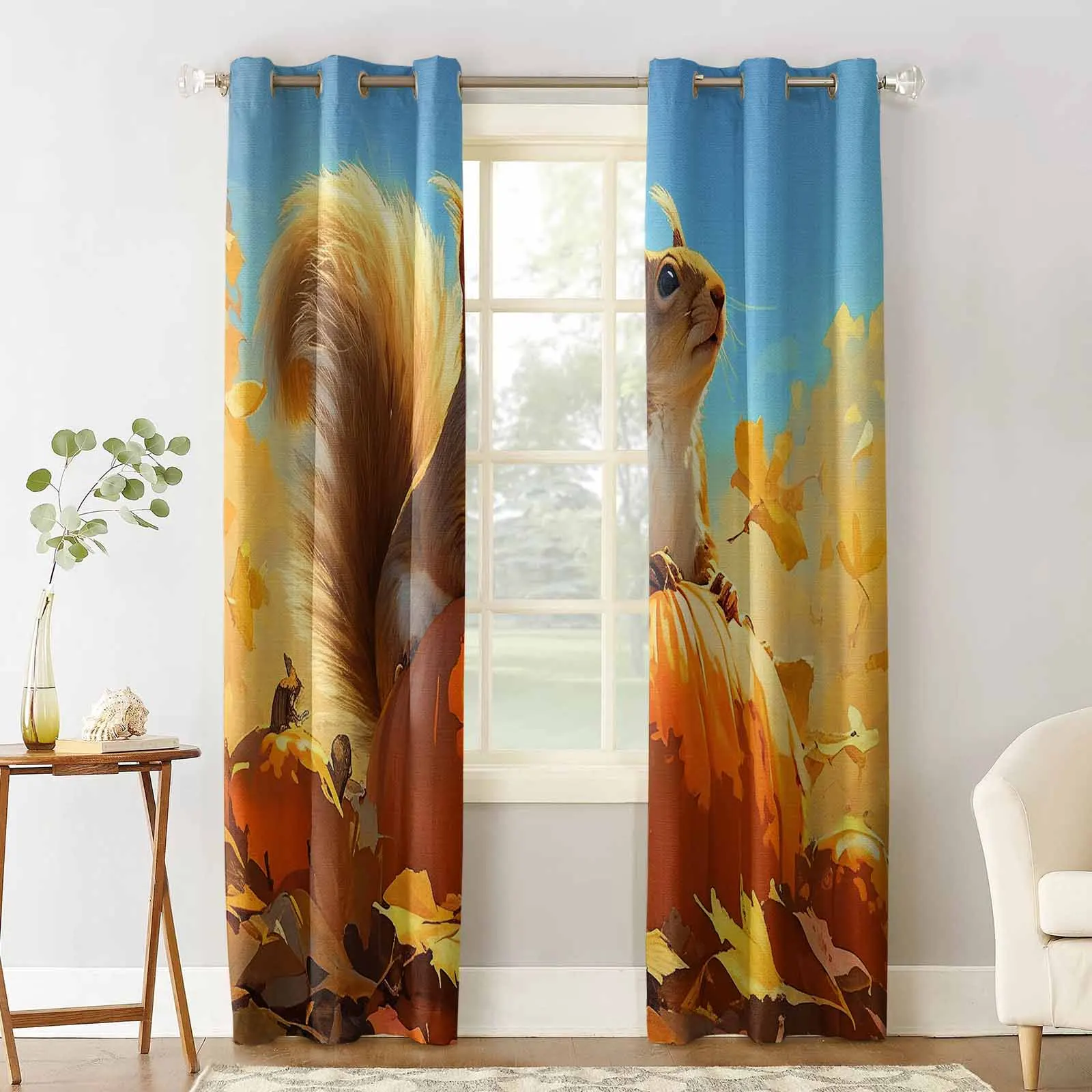 Autumn Season Squirrel Pumpkin Maple Leaf Blackout Curtains For Living Room Bedroom Printed Window Treatment Drapes Home Decor