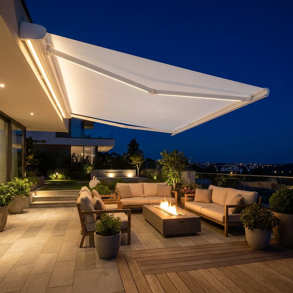 Weatherproof Motorized Full Box Awning Retractable Folding Arm Design With LED Lights Perfect For Patio Garden Sun Shelter