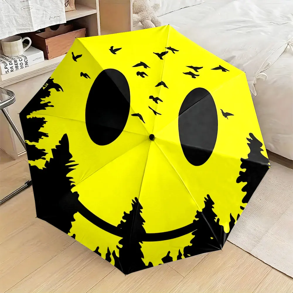 1PC Bright Yellow Smiley Face Umbrella with Bird Design Print 8 Iron Ribs Folding Umbrella Auto-Open Fashion Sunshade