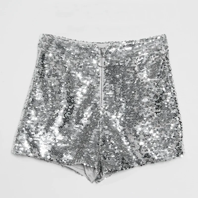 Bling Sexy Women Sequin Shorts High Waist O-Ring Zip Bodycon Shorts Feminino Skinny Party Club Festival Raves Pole Dance Shorts