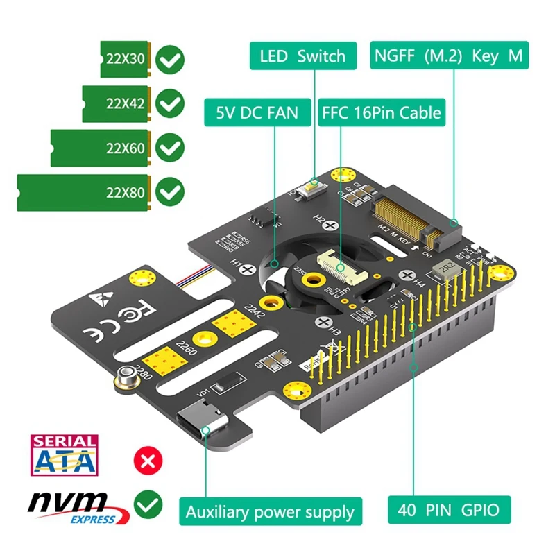 Adaptador combinado 3 en 1 M.2 Nvme a Pcie con ventilador enfriador y LED de decoloración automática para Raspberry Pi 5 duradero