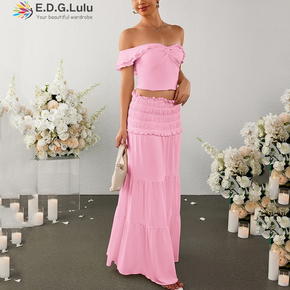 EDGLuLu 2 Piece Sets Women Outfit Strapless Off Shoulder Short Sleeved Top+High Waisted Pleated Long Skirt Pink Suit 1111