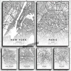 City Map Artwork Paris New York Canvas Painting HD Printed Black and White Map Wall Art Picture for Living Room Home Decor