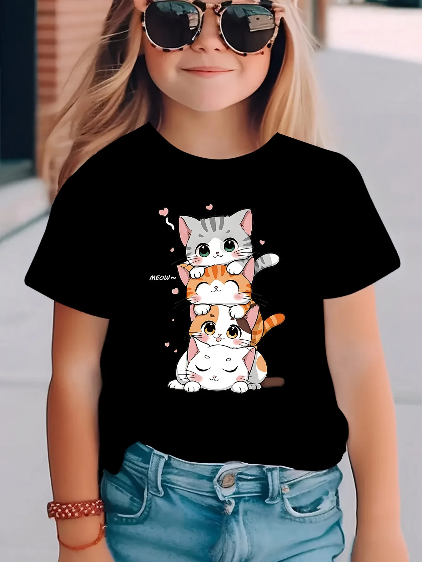 Stacked Cartoon Kittens Family Matching Cotton T Shirts Short Sleeve Crew Neck Summer Tees For Mom Dad Boys Girls Daily Tops