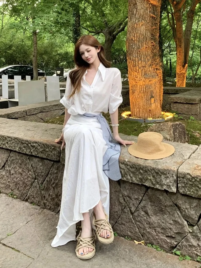 

White Polo Shirt & High Waist Long Skirt 2 Piece Set Summer Elegant Fashion Casual Matching Outfit Comfortable for Ladies New