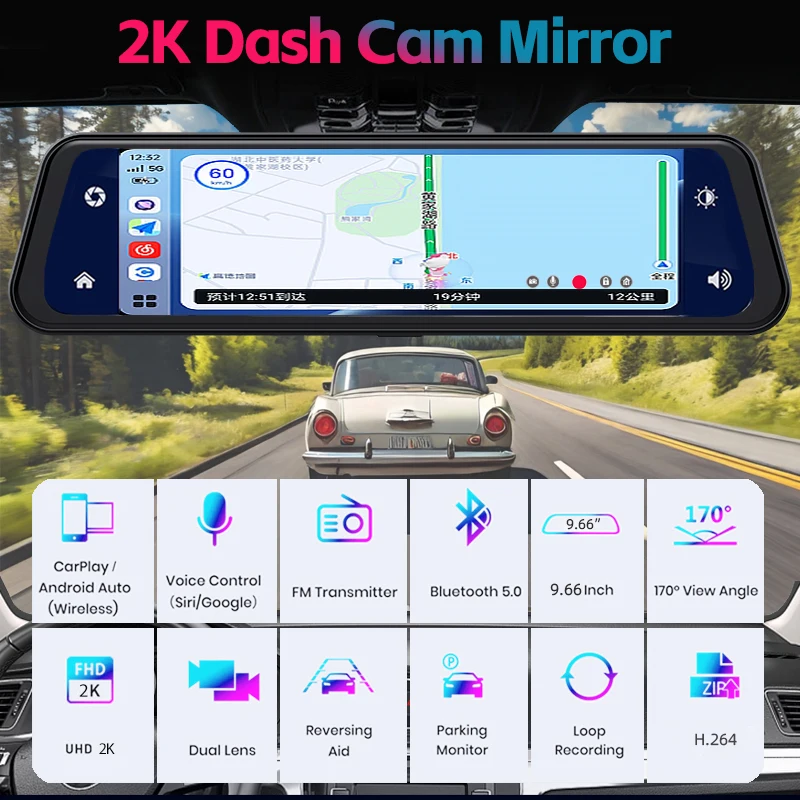 9.66 Inch Car Rearview Mirror Dash Cam Wireless Carplay & Android Auto 4K Dual Lens Video Recorder WiFi Connect APP Control