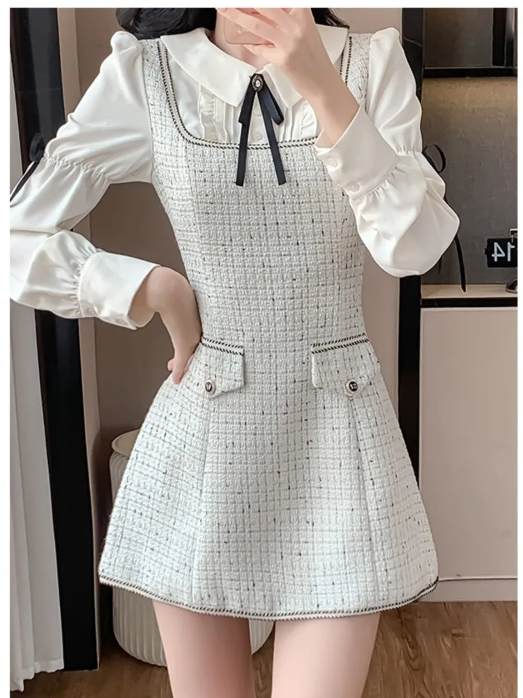 French Vintage Patchwork Short Dresses for Women Long Sleeves Tweed Korean Birthday Party Evening Dresses Autumn Spring Vestidos