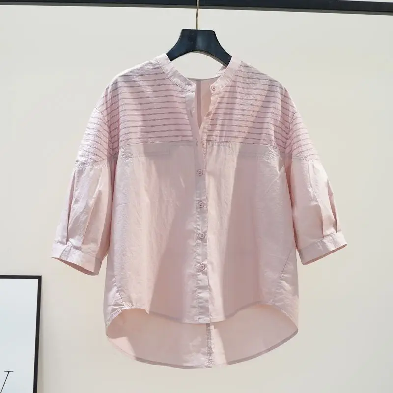 

2024 New Summer Korean Commuting Minimalist Loose Blouses Three Quarter V-neck Irregular Patchwork Button Women's Shirt Top