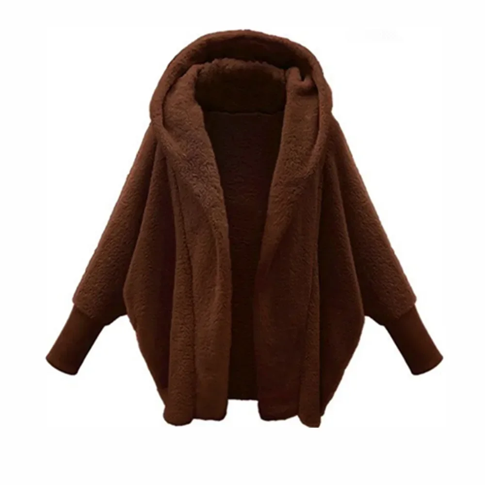 Women Autumn Winter Clothing Solid Color Long-sleeved Hooded Loose Plush Jacket Coat Warm Cardigan