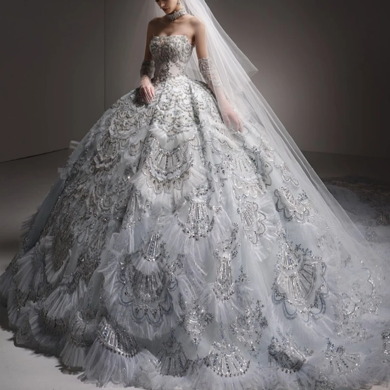 

Luxury White Dubai Arabic Mermaid Wedding Dresses Applique Lace Beading Crystal A-Line Court Train Wedding Dress Bridal Gowns