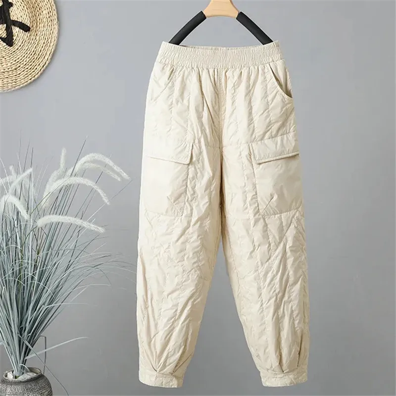 Elegant Light Weight Warm Down Cotton Trousers 2024 New Winter Outerwear Work Trousers Windproof Quilted Harem Pants for Women