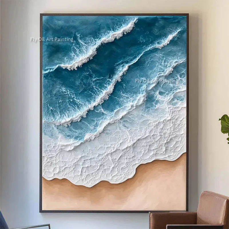 

Modern Dark Blue And White Ocean Waves Thick Oil Painting On Canvas Hand Painted Brown White Sea Waves Wall Art Seascape Artwork