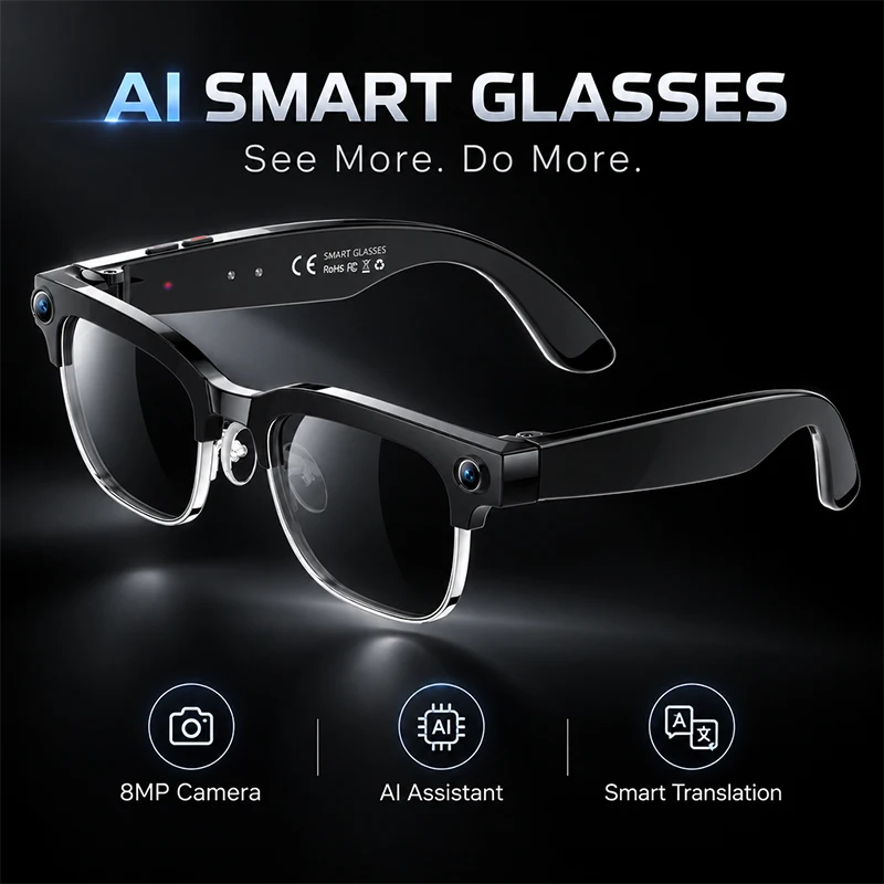 AI Smart Anti Blue Light Glasses With Camera Sunglasses Men 2026 Wireless Bluetooth Voice Touch Control Photochromic Shade UV400