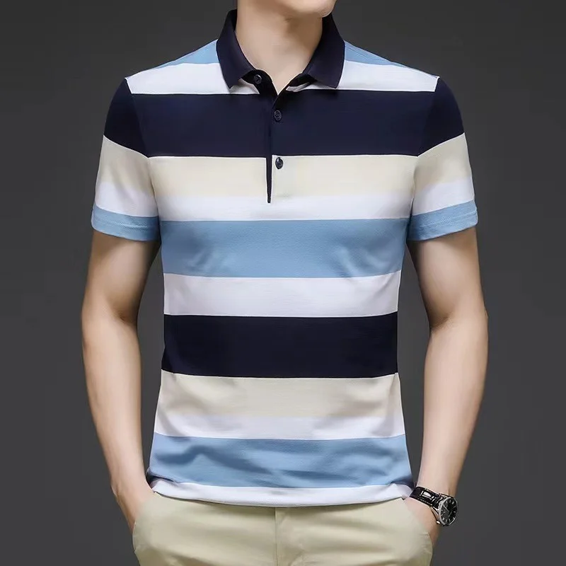 Men\'s Polo Shirts Korea Man Golf Shirts Summer Striped Print Button Clothing Business Style Male Streetwear Short Sleeve