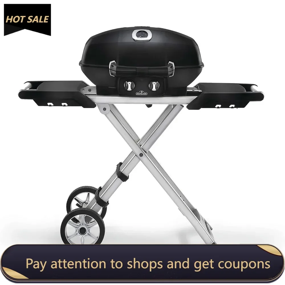 TravelQ Portable Propane Gas BBQ - PRO285X-BK - Includes Scissor Cart, Use For Tailgating, Camping, And Small Outdoor Spaces