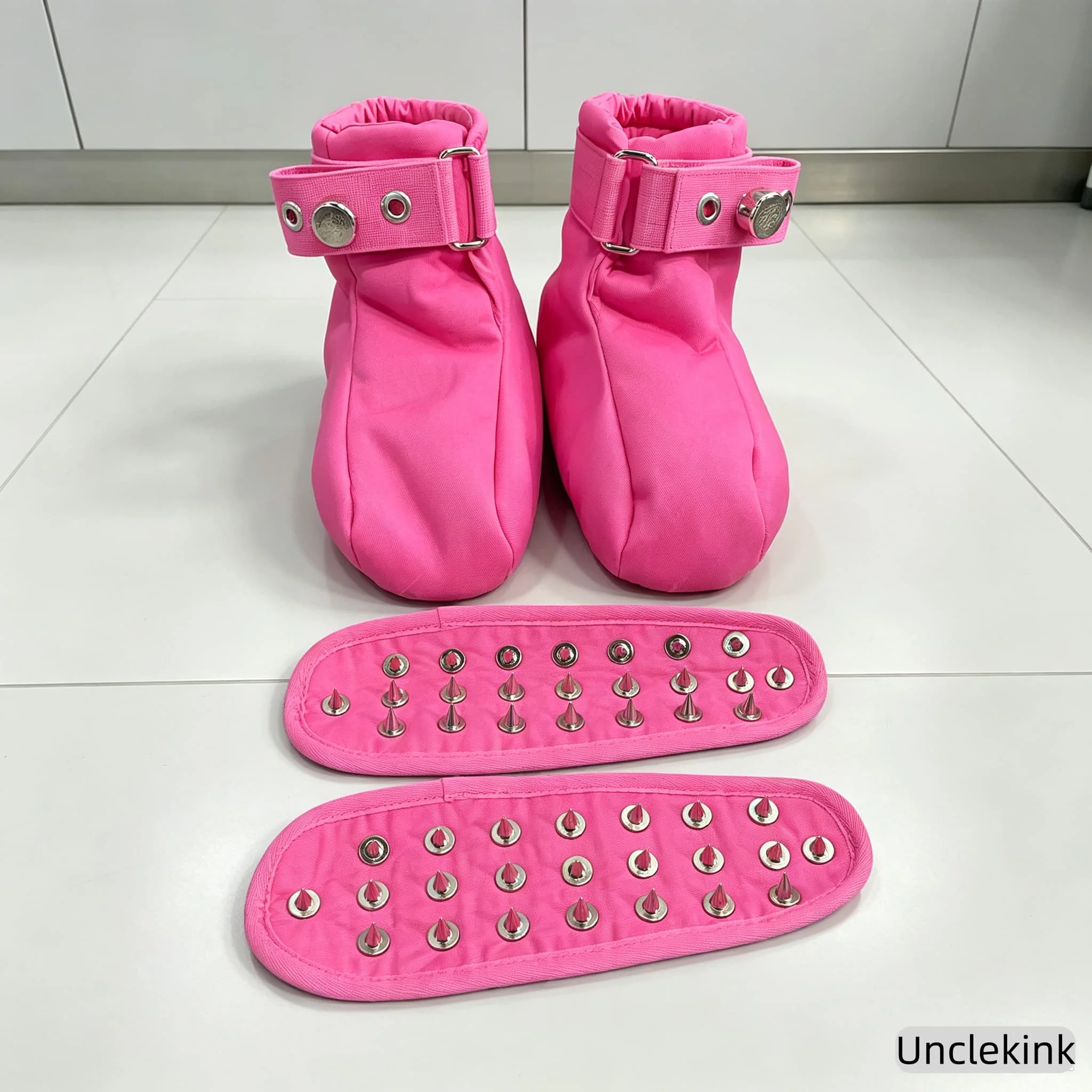 Rose Red Lockable Restraint Boots Soft Cotton Booties with Magnetic Lock Buckle, Detachable Metal Spike Stud Insoles for Patient