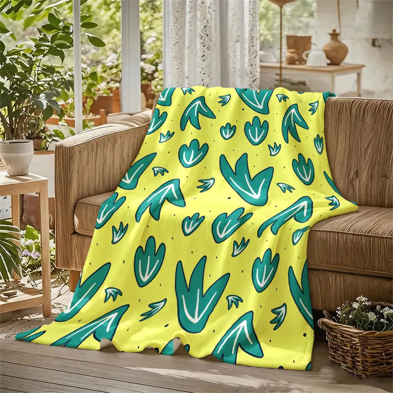 Teal Leaves Yellow Flannel Blanket Perfect for Sofa Office Bed Travel Sleep Read Relax Camping Four Season Use