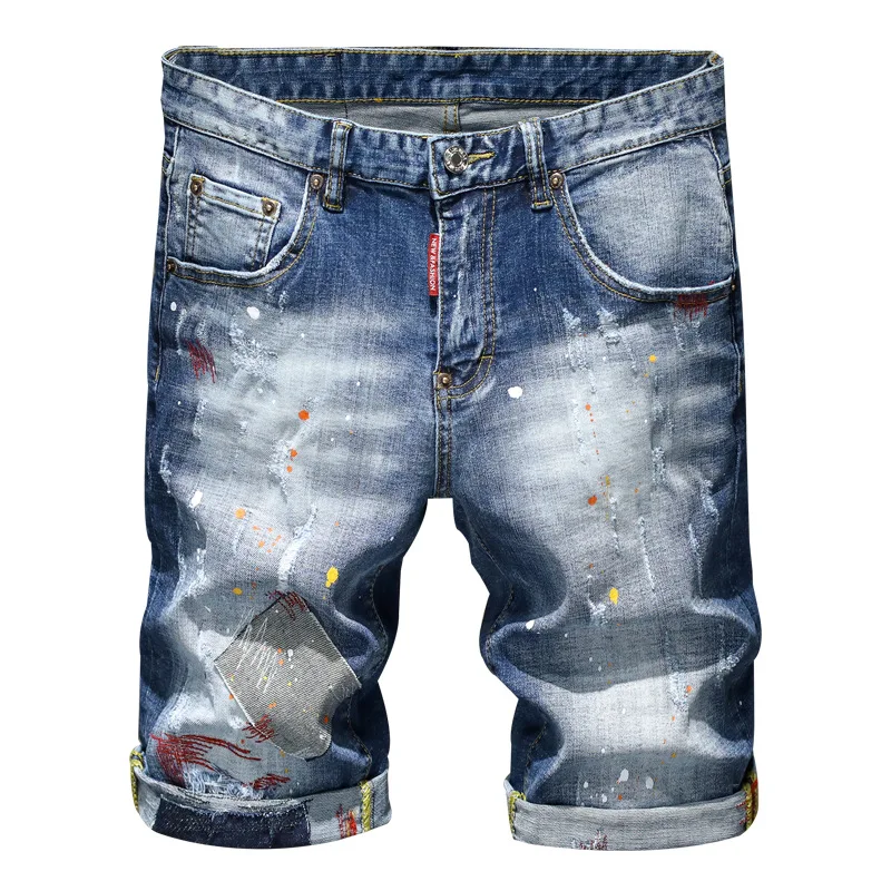 Summer Paint Point Denim Pants Men Stretch Ripped Patch Jeans Shorts Color Thread Embroidered Hand Painted Flip Red Ear Cotton 2