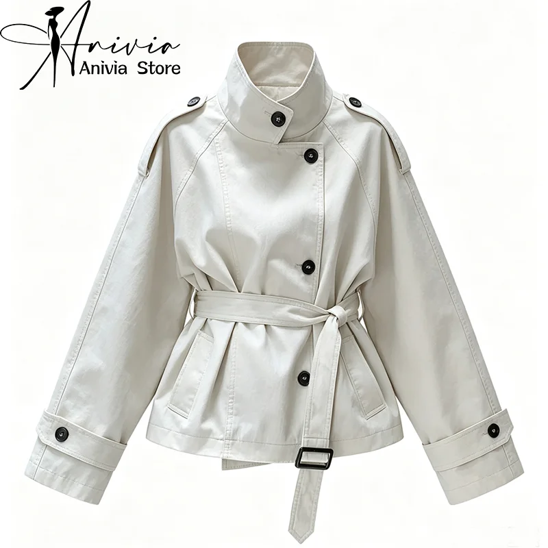 Women's Beige High Collar Long Sleeve Autumn Windbreaker Elegant French Street Style Waist-Cinching Button Windbreaker Coat 2026