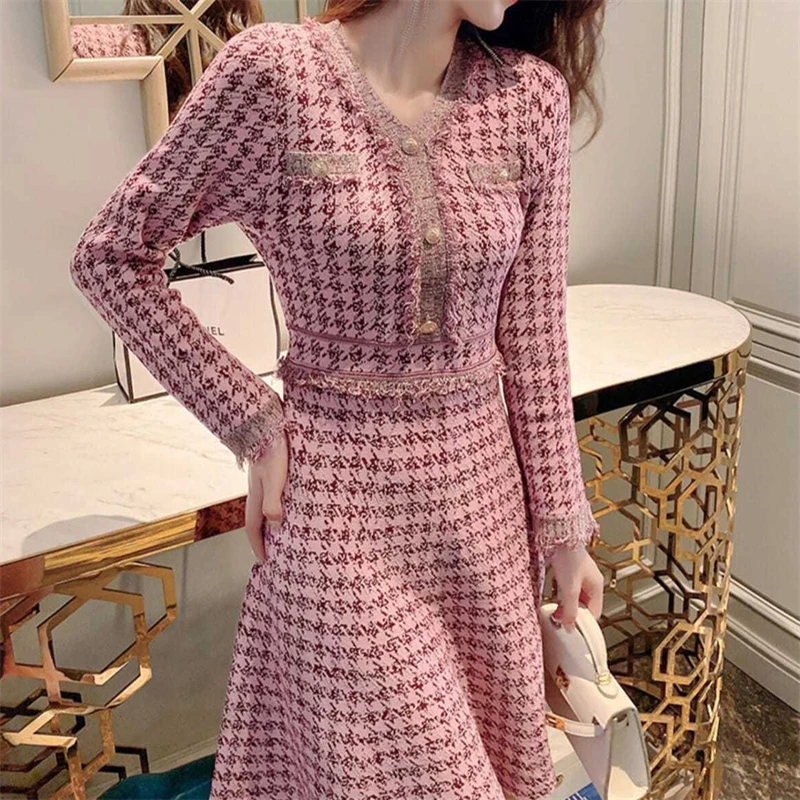 Houndstooth V-neck Knitted Dress Long Sleeve Women Spring Vintage Vestidos Slim Elegant Kleid V-neck Korean Knitwears Dresses