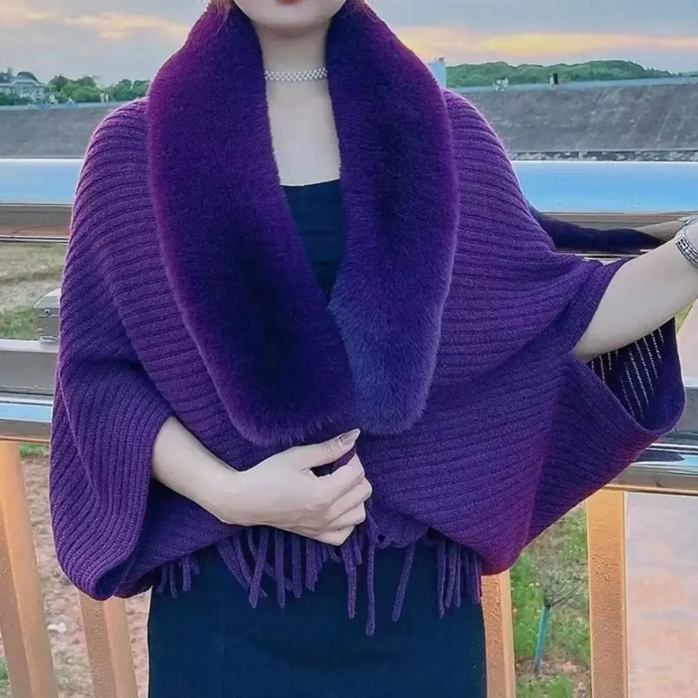 Womens Evening Dresses Cardigan Cape Winter Warm Knitting Shawl Faux Fur Collar  Wraps image 6