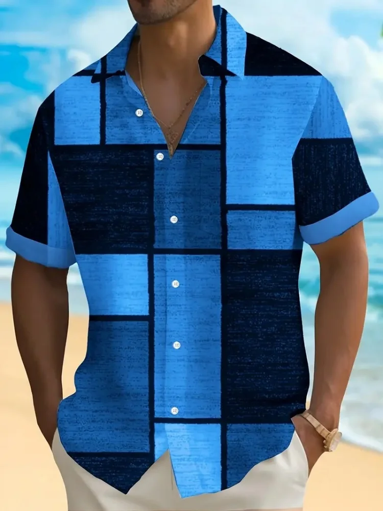 

Men's 3D Digital Print Short Sleeve Shirt Geometric Blue&Black Contrast Lightweight Breathable Fabric Regular Fit Button-Up Tops