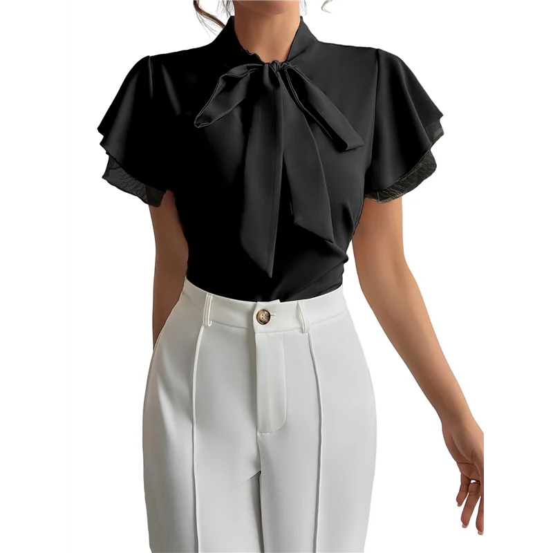 

A83F-Women's Tie Neck Blouse Ruffle Cap Sleeve Elegant Work Office Shirt Tops