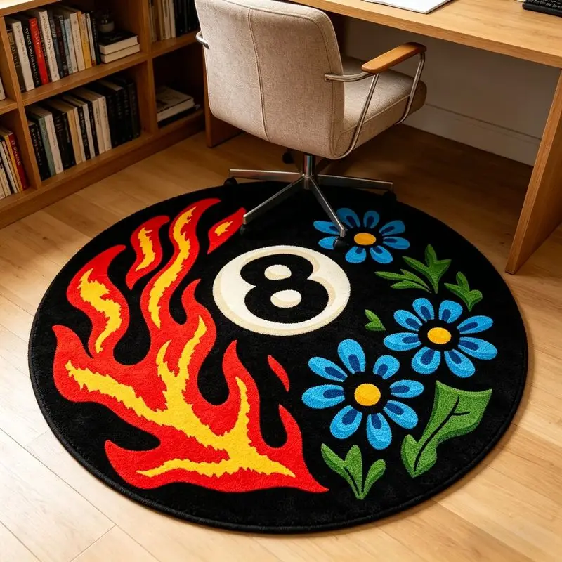 VIKAMA No. 8 “Flame Daisy” Round Rug—Soft, Non-Slip Floor Protector for Study Chairs, Bedside Rug for the Bedroom, Home Decor