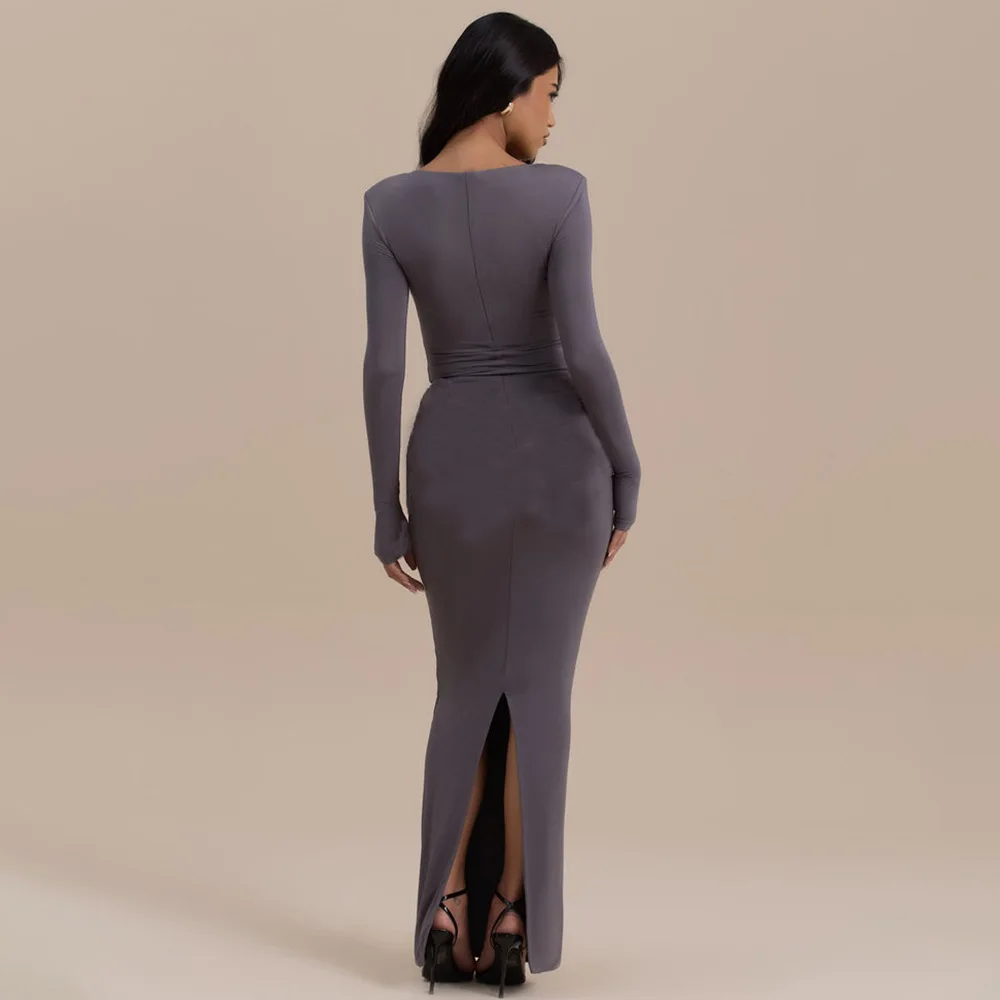 Apprabant otoño nuevo elegante Maxi vestido de mujer ceñido al cuerpo fruncido espalda dividida sólido cuello redondo manga larga ropa de fiesta señora Sexy vestido largo