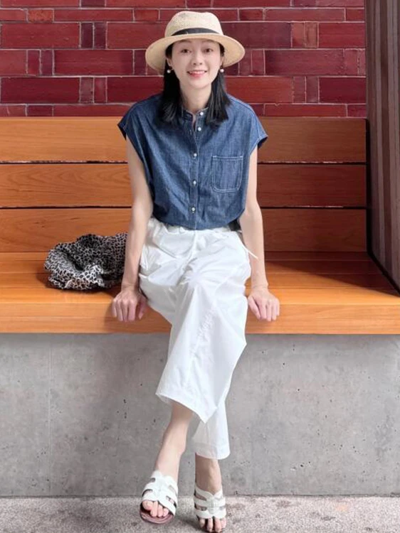 

Ele Loose Casual Thin Denim irt Women Summer Faion round Ne Button up Svel Top Korean Sle Polyester Blend