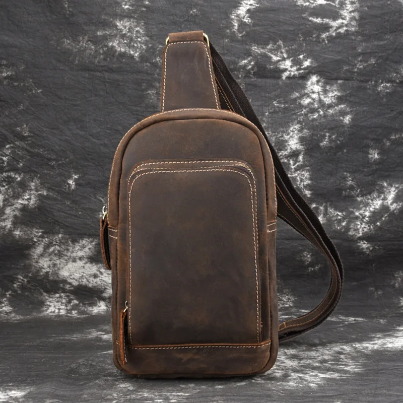 Vintage Mens Waist Bag Single Shoulder Chest Bag Sling Bag Pack Outdoor Sports Riding Cycling Front Bags Genuine Leather