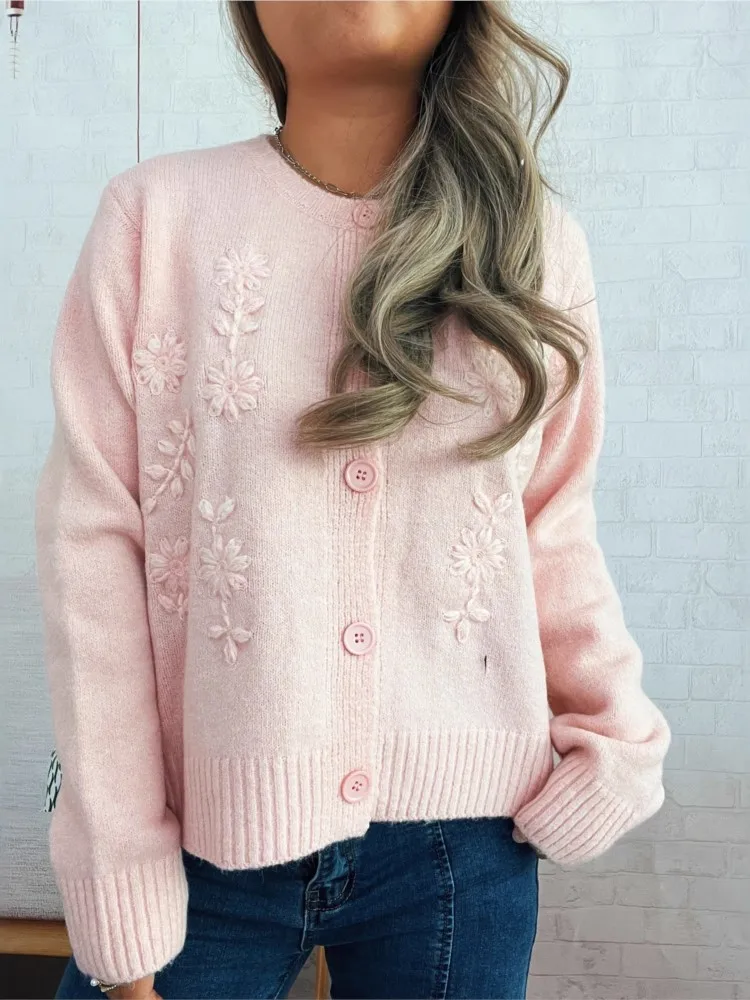 

Autumn And Winter New Casual Flower Embroidery Solid Color Knitted Long-sleeved Cardigan Round-neck Long-sleeved Sweater Jacket