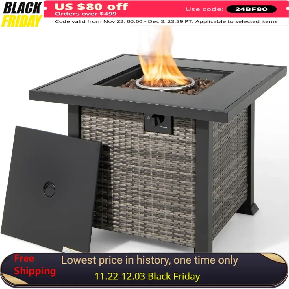 32 Inch Fire Pit Table with Removable Lid, Lava Stone, PVC Cover, CSA Certification, 50,000 BTU Propane Square Rattan Fire Pit