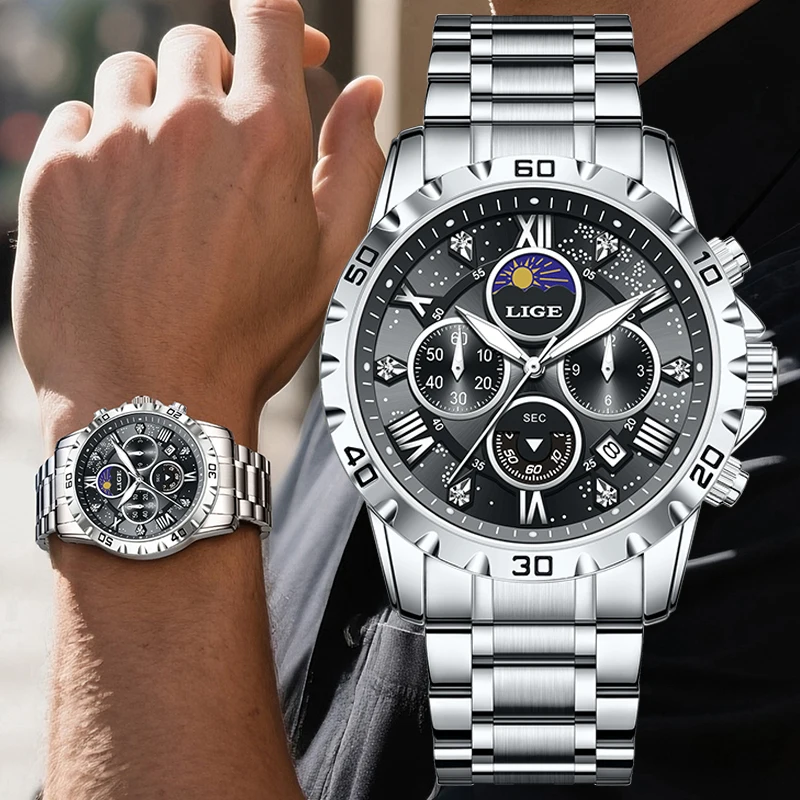 

LIGE лучший бренд класса люкс мужские деловые часы с фазой Луны светящийся календарь из нержавеющей стали модные водонепроницаемые кварцевые наручные часы