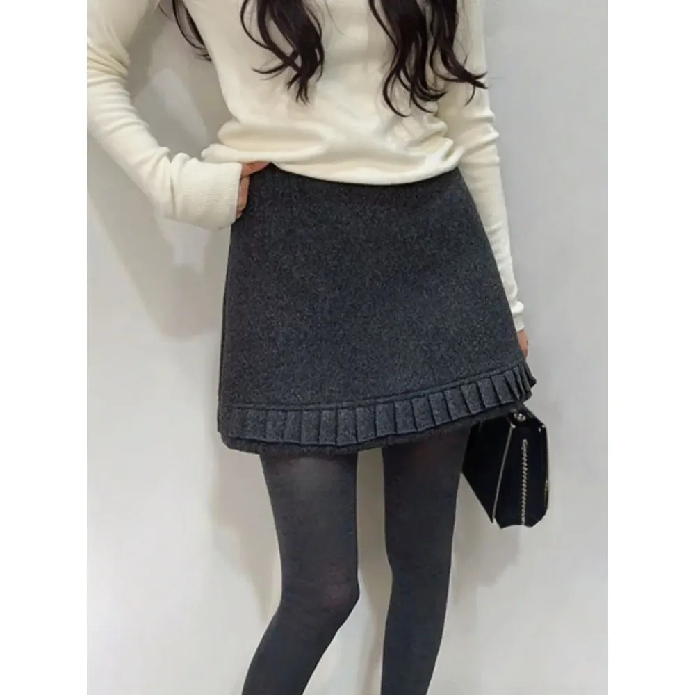 

Юбка мини из шерсти с высокой талией, плиссированная, с оборками, однотонная, осень-зима 2026, корейский стиль, приталенная, А-силуэт, юбка до бедер, в стиле преппи