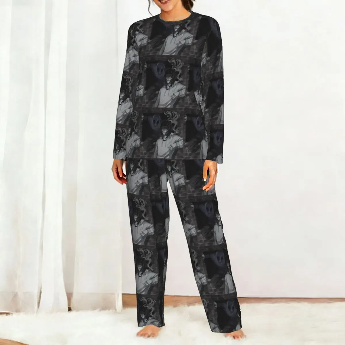Eyeless Jack And Jeff Talking Creepypasta Round Neck Long Sleeves Nightdress for Sleepshirts Women Loose Pajama Set Long Pants