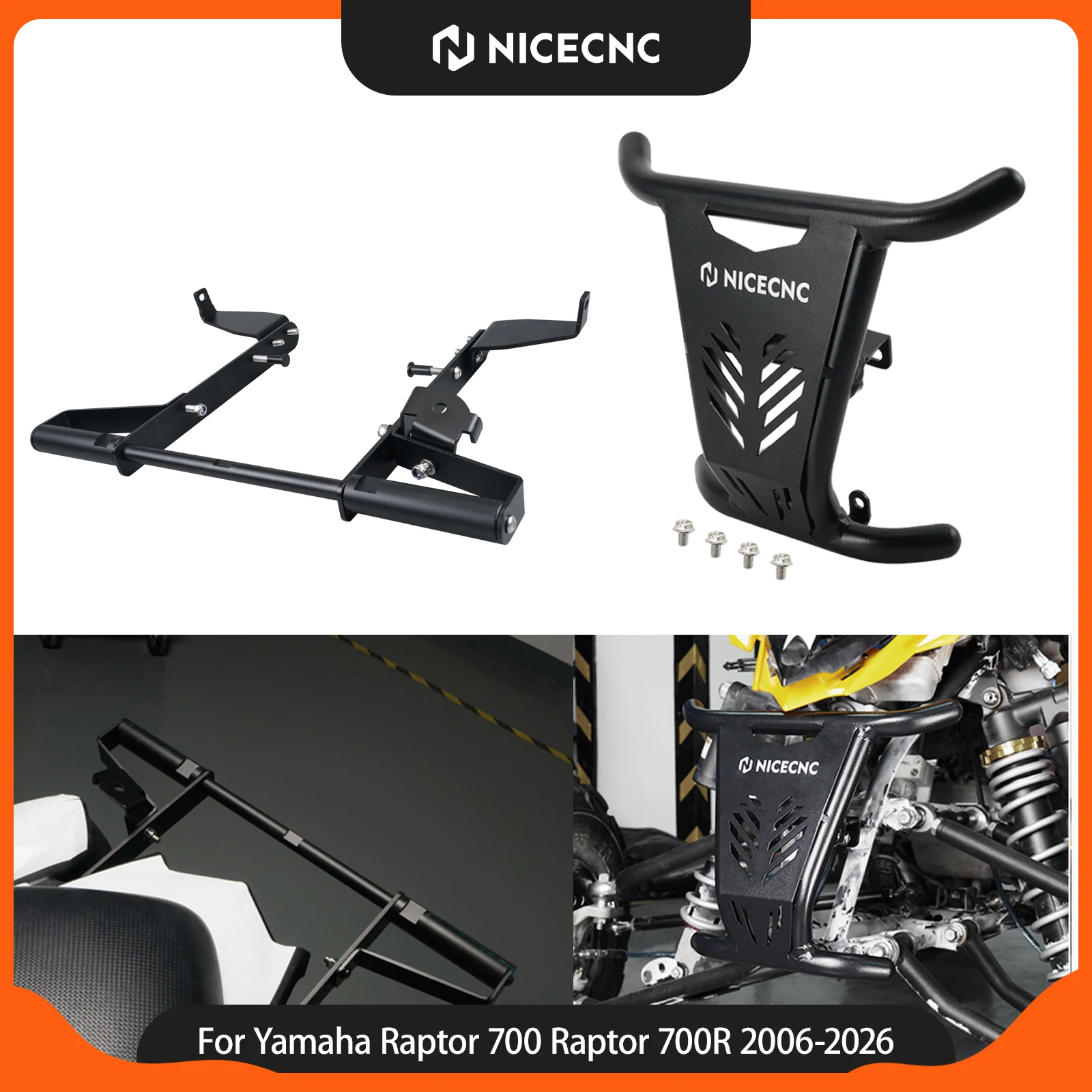 NICECNC Rear Grab Bar & Front Bumper Kit For Yamaha Raptor 700 Raptor 700R 2006-2026 Aluminum Stainless Steel ATV Accessories