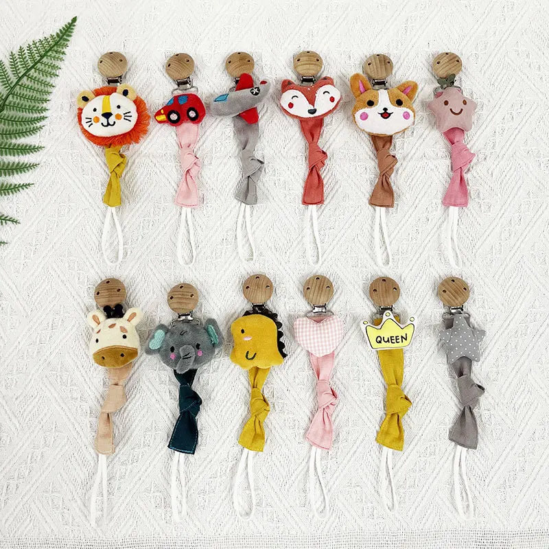 Baby Infant Pacifier Clip Chain BPA Free Appease Soother Linen Animal Chain Clips Newborn Dummy Holder Nipple Wooden Clip