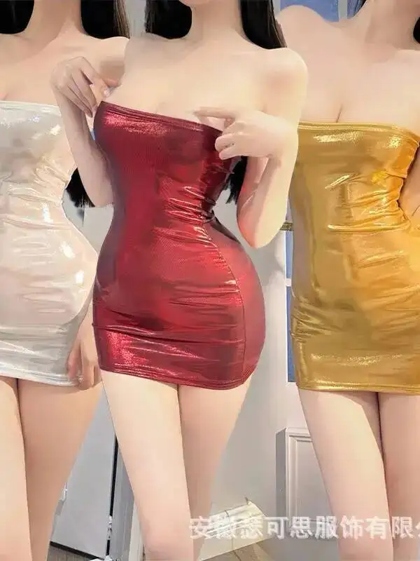 Sexy For Women Gold-Stamped Nightclub Outfit Shiny Tube Top Dress Couple's Battle Robe Dress Elegant Hot Sexy Women Tops M504