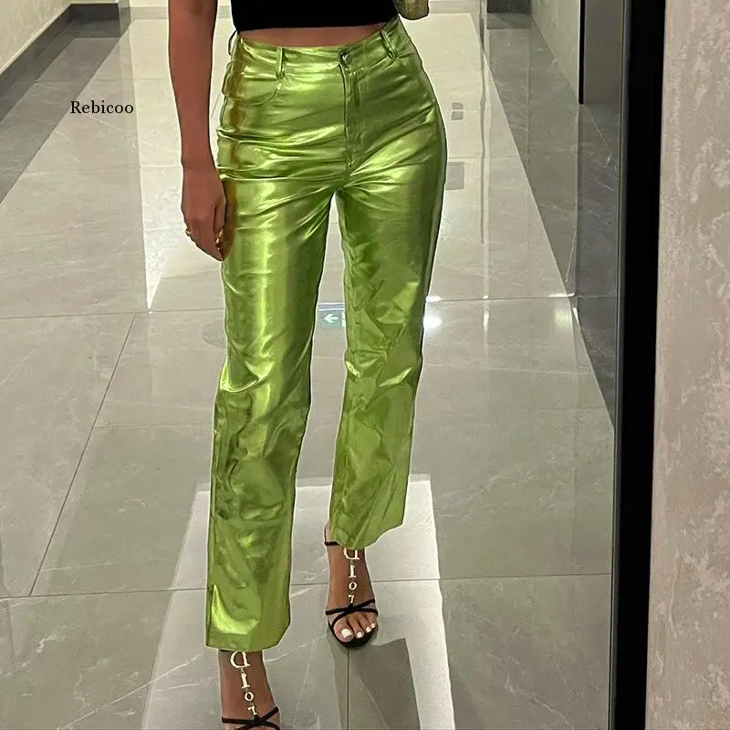 

Shiny Gilding PU Leather Pants Women High Waist Button Fly Straight Trousers Fashion Casual Streetwear Clothes Bottom