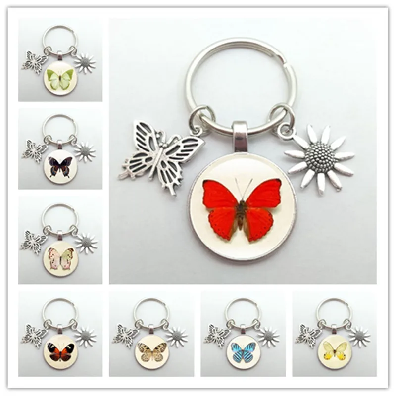 

2021 new fashion butterfly keychain art image glass convex insect animal keychain bag charm jewelry female natural jewelry