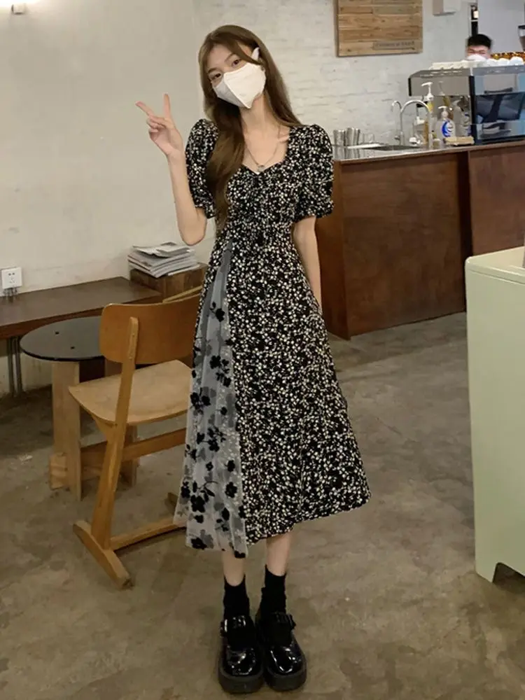 ผู้หญิงฤดูร้อน 2025 ใหม่ Slim ชุดเดรสลายดอกไม้ฝรั่งเศส