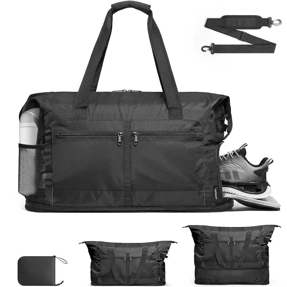 Foldable Travel Bag for Men & Women, 65L Weekender Overnight Duffle Bag for Travel, Expandable Airline Approved Carry-On wit