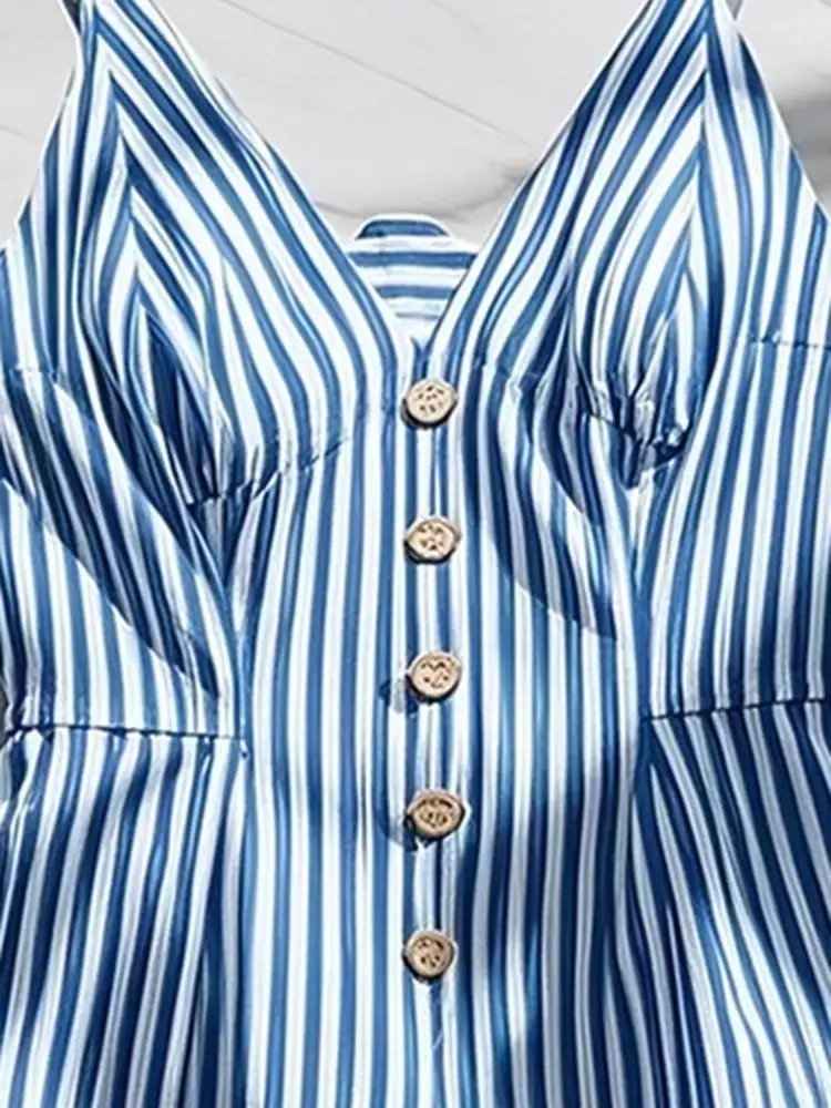 French Elegant Fashion Striped Tank Top Women's Summer Blue White Button-Up Sleeveless Sexy Shirt Female Casual Chic Slim Blouse