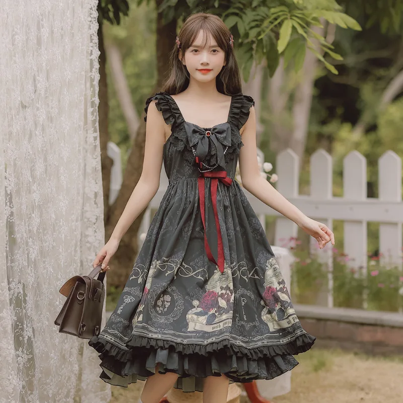 gothic black lolita dress Gothic Lolita Dress Costume Women New Fashion Cool Girl Bow Sleeveless Black Suspender Dress