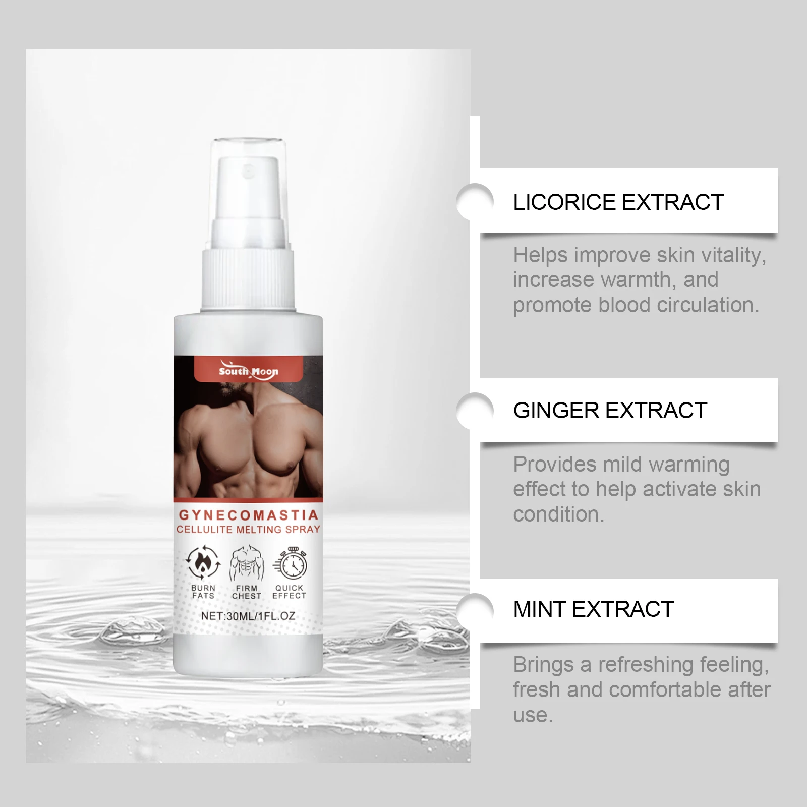 Spray reafirmante para tórax masculino – Aperto da pele, melhora o contorno, fórmula não gordurosa com extratos de hortelã-pimenta e madressilva