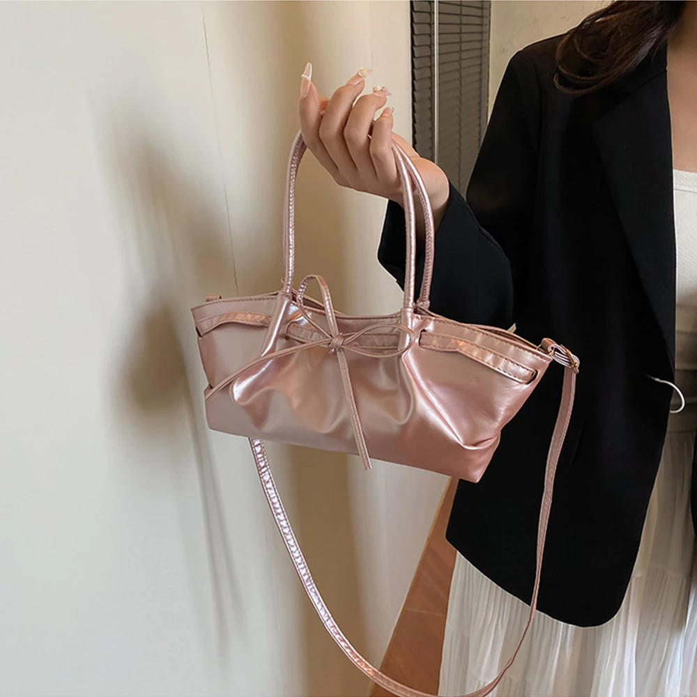 

Сумка на плечо из искусственной кожи с тонким ремешком и бантом, простая однотонная женская сумка подмышками, повседневная стильная сумка, сумки для повседневного использования