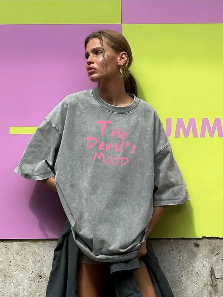 

Fashion Womans Cotton Washed T-shirts The Devil's Moon Letter Prints Tops Casual O-Neck Oversize Tees Street Female Clothes