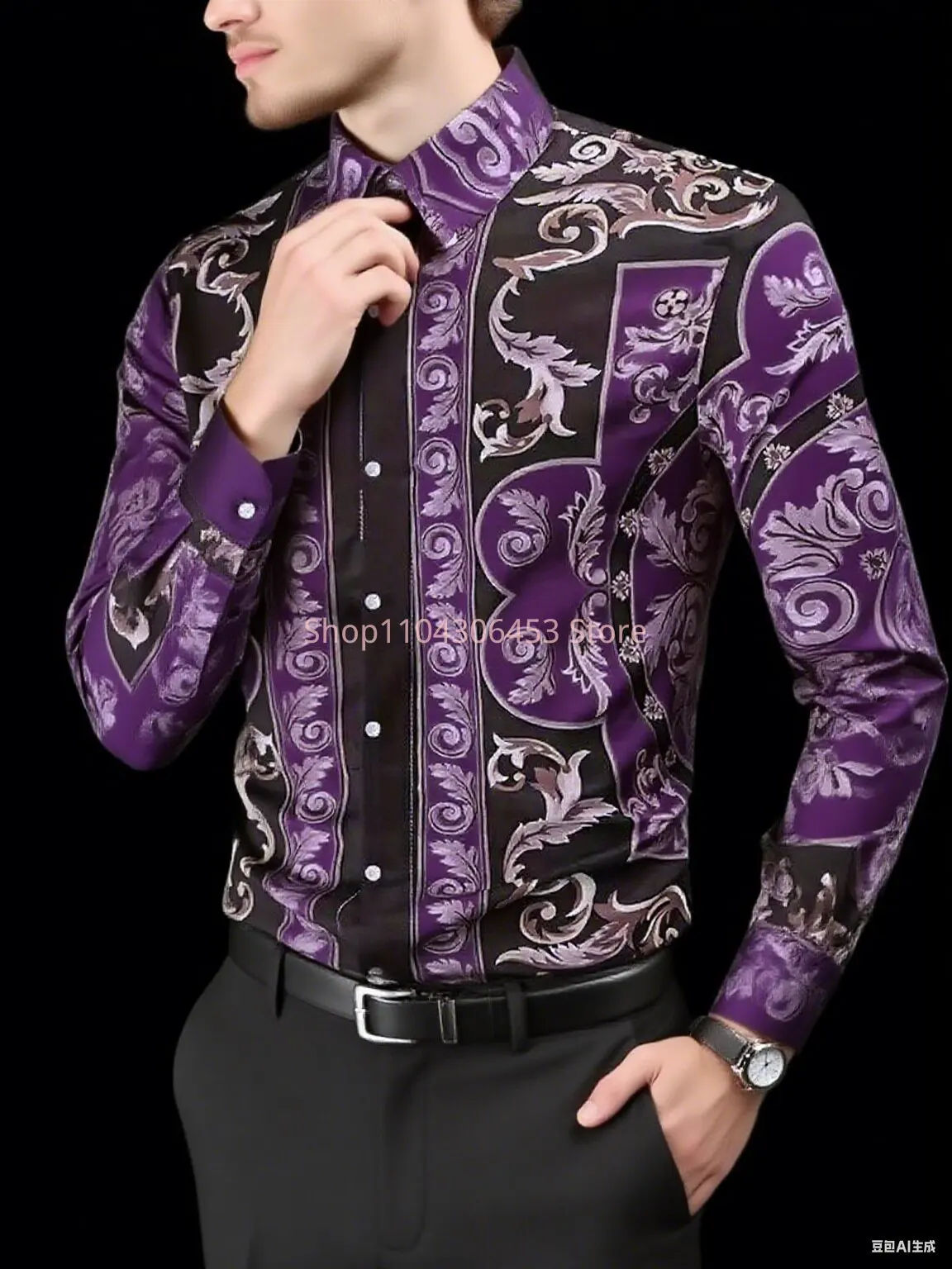 Men's European Court Teng Man 3D Printed Shirt High-end Lapel Long Sleeve Casual Business Fashion Party Shirt Outdoor Clothes