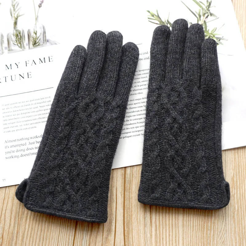 Autumn and Winter Women's Wool Wool Double Layer Fleece-lined Thickened Touch Screen Outdoor Cycling Warm Driving Gloves